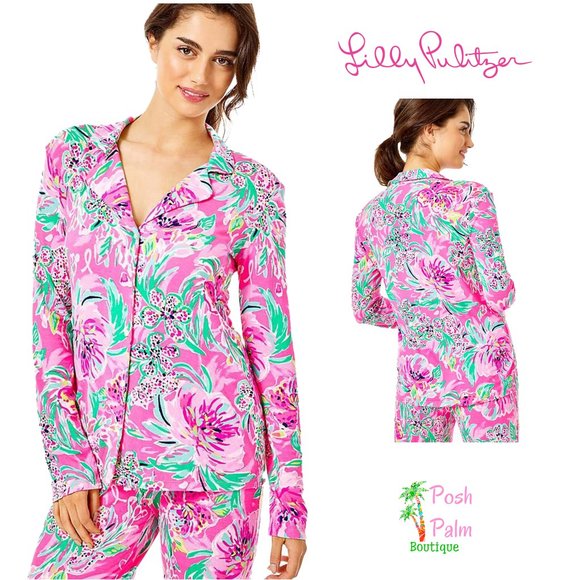Lilly Pulitzer Other - Lilly Pulitzer PJ Knit LS Button Up Top Cockatoo Pink Paws For a Cause Floral